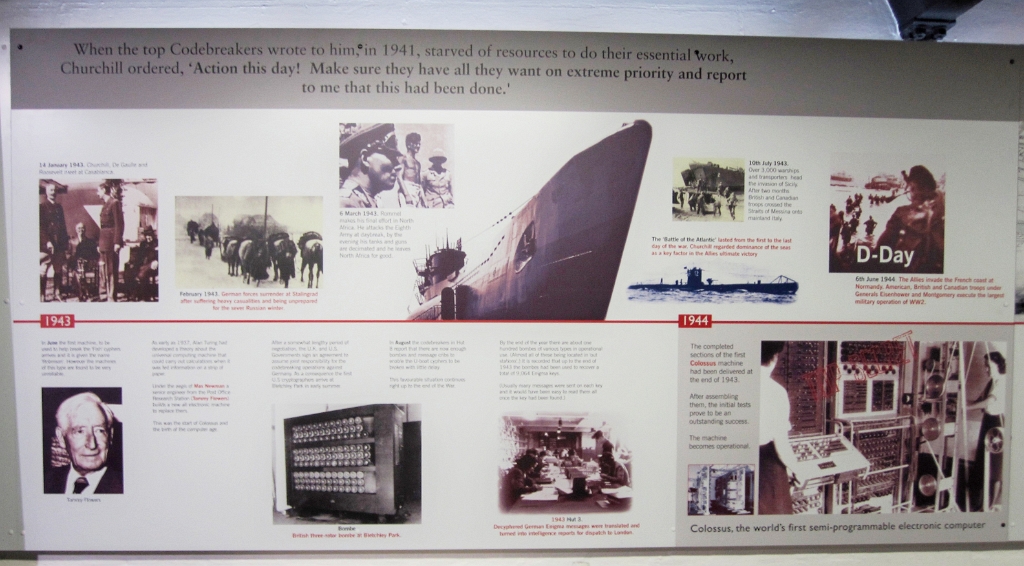 IMG_5001.JPG - A poster giving the time-line of SIGINT during WWII; the submarine is U110, which was captured with its Enigma machine and codebook.