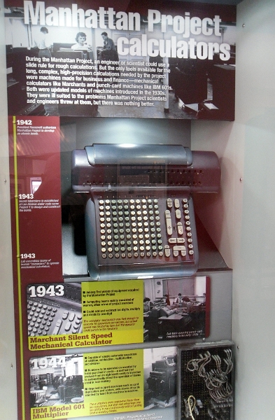 SDC12574.JPG - A vitrine shows several vintage calculators used during the Manhattan Project and following years.