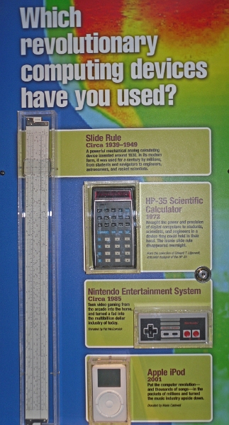 SDC12579.JPG - The Computarium also has a large collection of sliderules and the HP 35, first pocket scientific calculator of the world (1973).