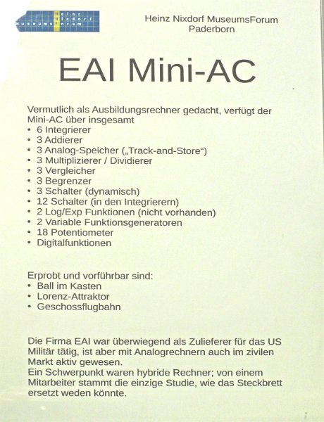 EIA_MiniAC_text.jpg - The previous and next photo show a working EAI (Electronic Associates Inc.) computer from the HNF (Heinz Nixdorf MuseumsForum in Paderborn ( website ).