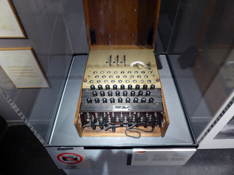 P1030795.JPG - The German Enigma machine (here a three wheel model) which was freely sold for civilian use starting 1923 in Germany, but later modified for the German Army and Navy. It was thought to deliver unbreakable code.