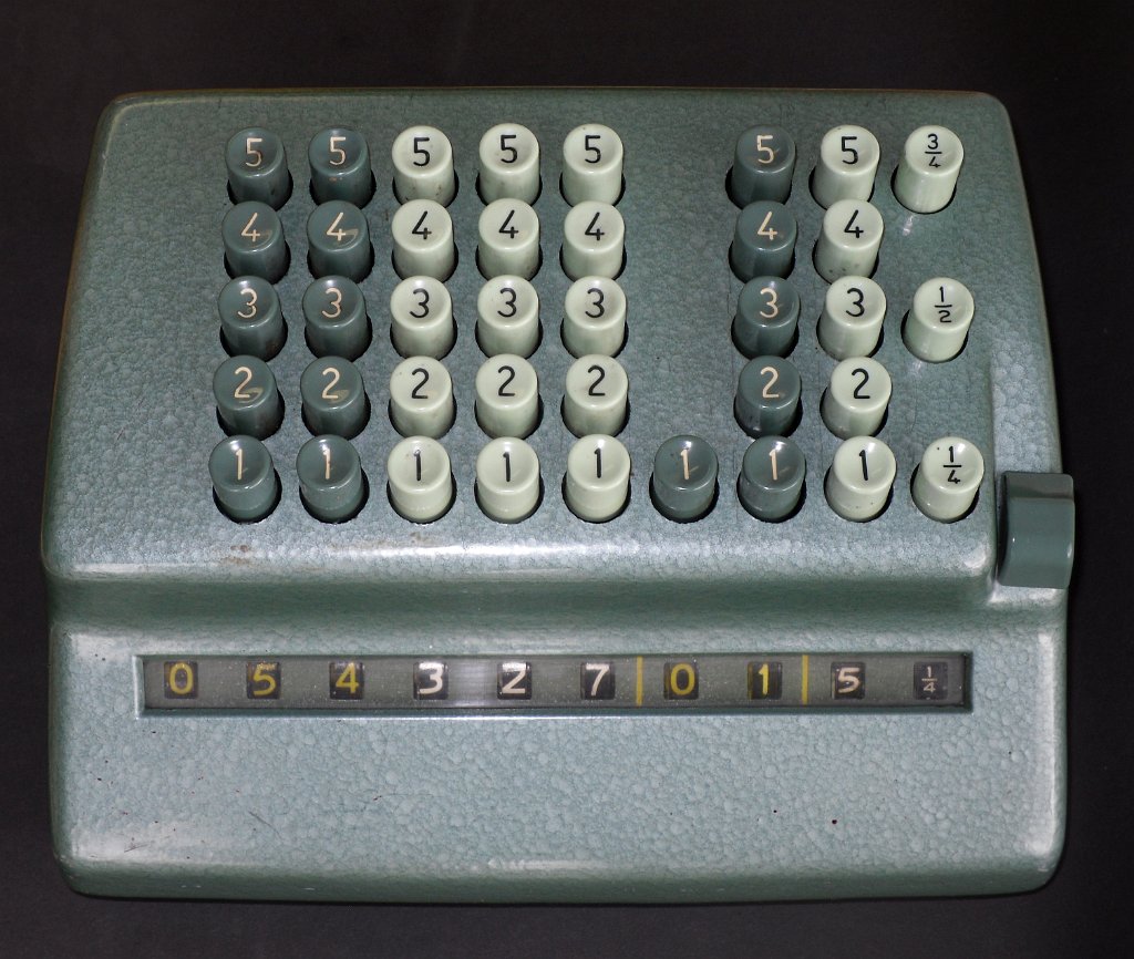 SDC13802.JPG - This is a half-keyboard key- punched calculator, probably from 1959/60. It was manufactured in the UK by the BELL PUNCH Company (established 1878). This is a "Sterling" model, with the right column for "farthing", the next for "Penny" ( showing 0 to 11), the 3rd and 4th columns for "shilling" and the next 5 for "sterling". A Penny was divided into 1/4, 1/2, and 3/4 Farthing, 12 Pennies give a Shilling, and 20 Shilling a Pound Sterling. Easy, isn't it!