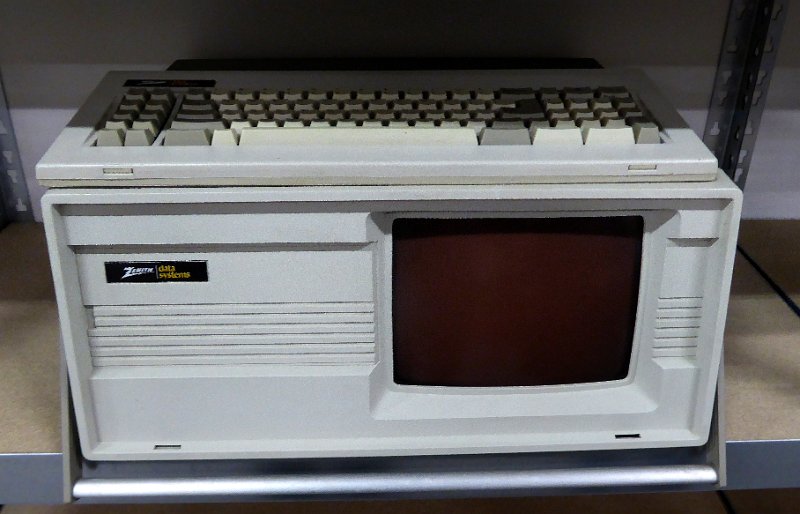 P1030551.JPG - ZDS (Zenith Data Systems) luggable computer with amber CRT. Possibly a Z-100 derivative from 1982 with a portable enclosure and 5.25" floppy drives on the right side (not visible here).