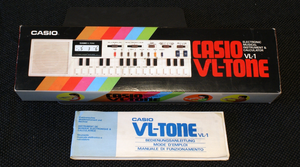 DSC04239.JPG - This first item of the Casio VL-Tone series is famous for its extremely low quality sound. It can emulate several instruments, record melodies and play some rythms. On top of that it can be used as a 4 function calculator. Donated by J. Mootz (+).