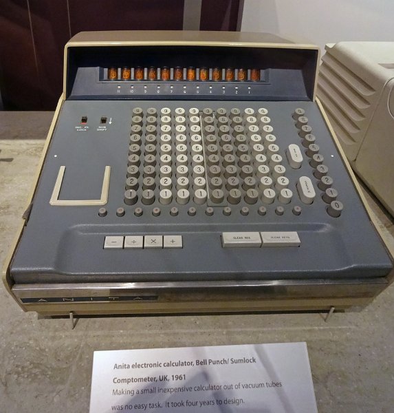 CHM075.JPG - The ANITA is the first electronic desktop calculator, built by the UK Bell Punch (Sumlock) company (1961). Display is by Nixie tubes.