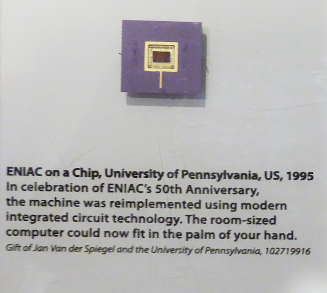 CHM079.JPG - The ENIAC, commonly seen as the first "real" electronic computer (1943), here built as a single mircoprocessor chip.