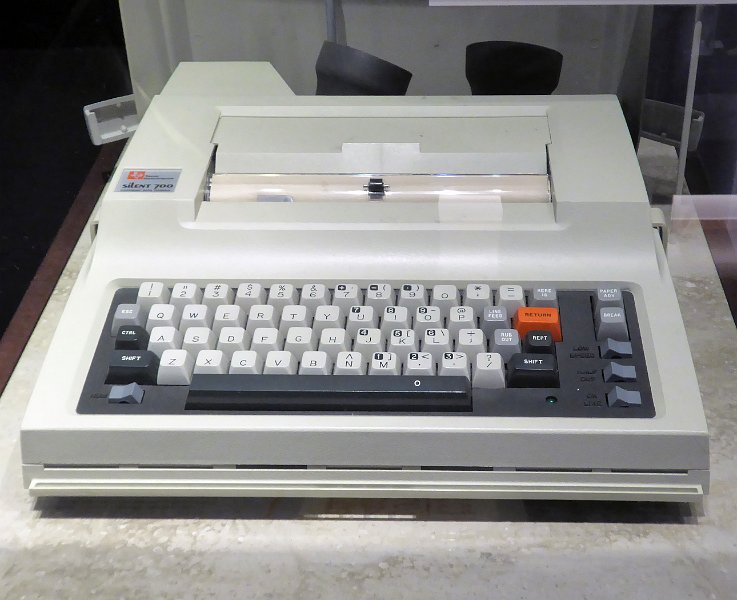 CHM095.JPG - A Texas Instrument Silent 700 terminal, with thermal printer and acoustic modem. Also on display at the Computarium.