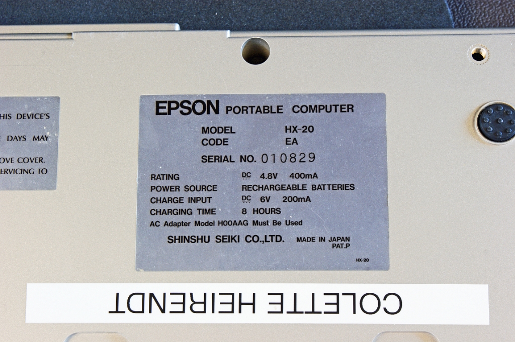 DSC03151.JPG - Serial of HX-20 donated by C. Heirendt. Note smaller serial and SHINSHU SEIKI CO.given as the manufacturer. This company became the Epson Corporation in July 1982.