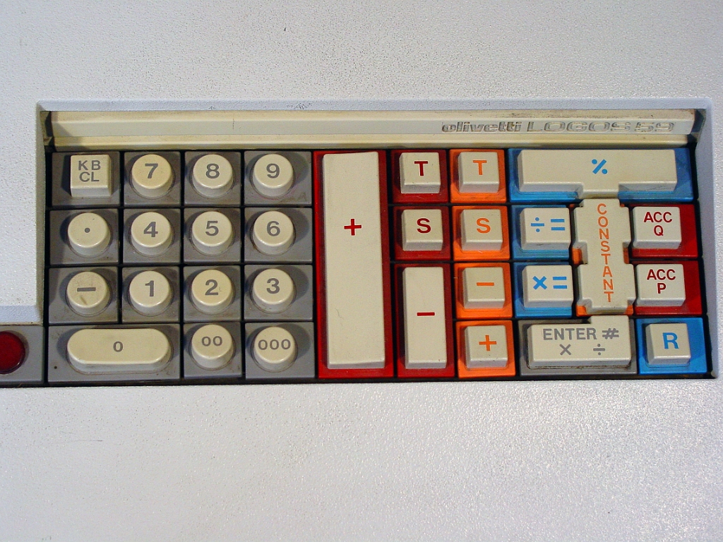 DSC00890a.jpg - The mechanical keyboard generates an 6 bit code through metal code bars and reed relays. Totals and subtotals are calculated in the traditional manner. Multiplication and division are made in RPN fashion.   The left upper key KBCL means "keyboard clear".                  