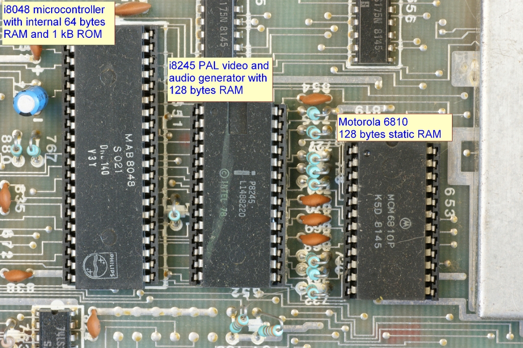 DSC03738_annotated.JPG - From left to right:  microcontroller 8048 (the first microcontroller of the world!) with internal BIOS, video/sound generator and static RAM. The video/chip is different for NTSC and PAL consoles. A special RF/Secam module VU-0011 was available for the French market. Video resolution is 128*64 for PAL (164*200 for NTSC).