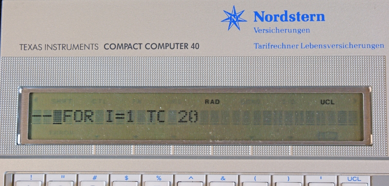 DSC03022.JPG - The LCD screen shows a BASIC line. Note the missing pixels for the letter O.This laptop was used by the agents of the "Nordstern  Versicherungen", a German company created in 1866 and merged into COLONIA insurances in 2001 (now AXA).