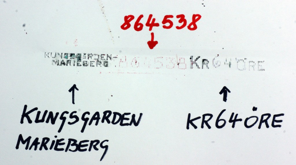 DSC07300.JPG - An example of a printout: the letters "KUNGSGARDEN/MARIEBERG" relate to two Swedish towns and are printed flush to the left-most digit. The money-amount in red is 864538, followed flush right with the currency "KR" for Kronor, the centi-parts 64 and the letters ÖRE. Clearly the digits can not be modified anymore, a big annoyance for would-be check-forgers!